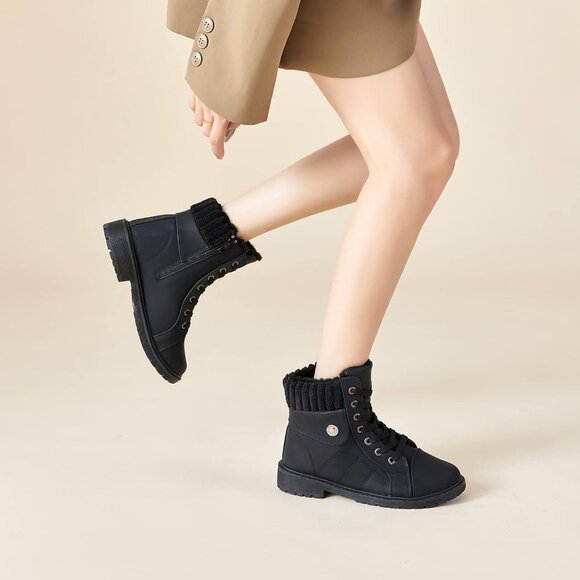 Waluzs Ankle Boot Women Black Polyurethane  lace up fleece interior And Soft - Picture 5 of 6